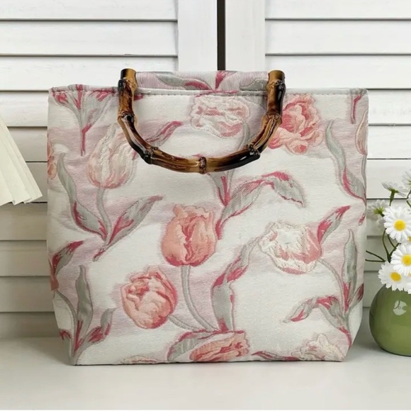 Handbags - Floral Canvas Tote Bag with Bamboo Handles